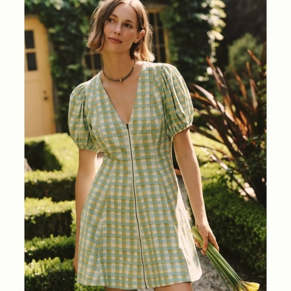 Anthropologie Calder Linen Blend Zip Gingham Mini Dress Large* Green Puff Sleeve